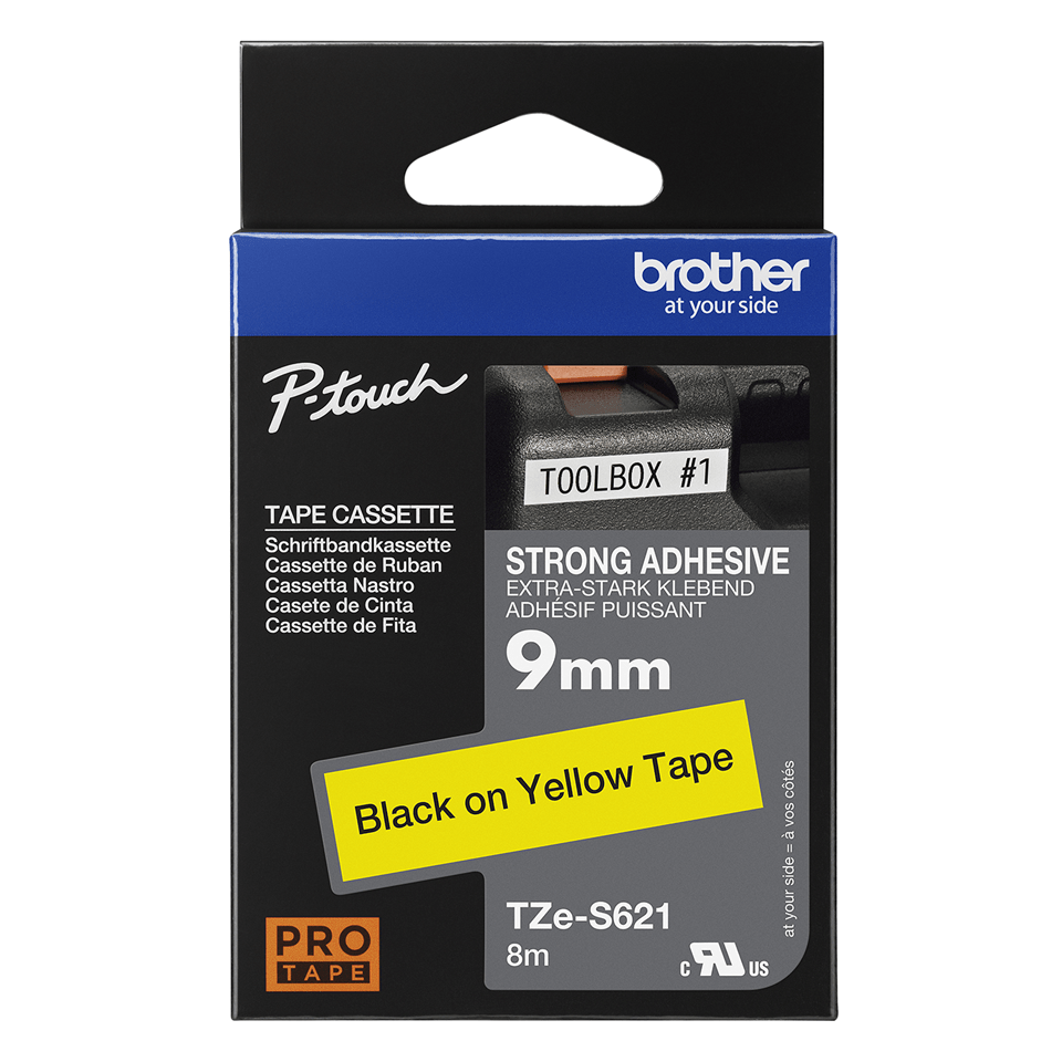 Casetă cu bandă de etichete originală Brother TZe-S621 – negru pe galben, lățime de 9mm 3